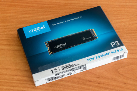 Pruszcz Gdanski, Poland - March 17, 2023: Box of Crucial P3 1TB PCIe 3.0 NVMe M.2 SSD.のeditorial素材