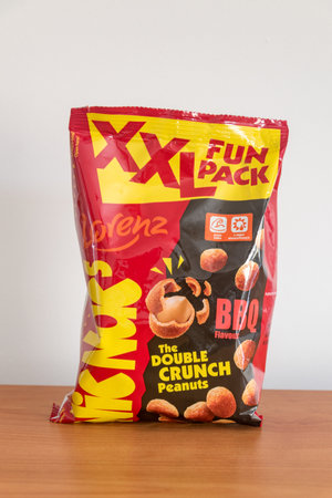 Pruszcz Gdanski, Poland - April 18, 2023: Lorenz Nic Nac's BBQ flavor peanuts.のeditorial素材