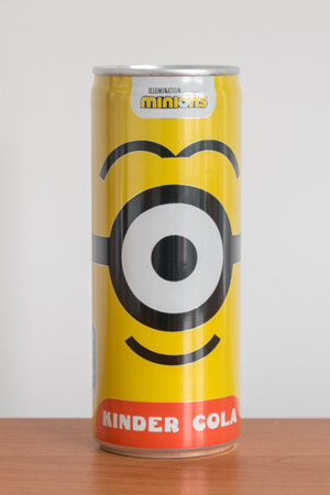 Pruszcz Gdanski, Poland - April 18, 2023: Can of Minions kinder cola.のeditorial素材