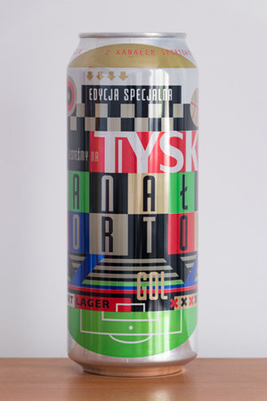 Pruszcz Gdanski, Poland - April 29, 2023: Can of Tyskie Kanal Sportowy beer. Tyskie Sport Lager.のeditorial素材