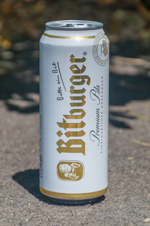 Hanau, Germany - June 24, 2023: Can of Bitburger Premium Pils beer.のeditorial素材