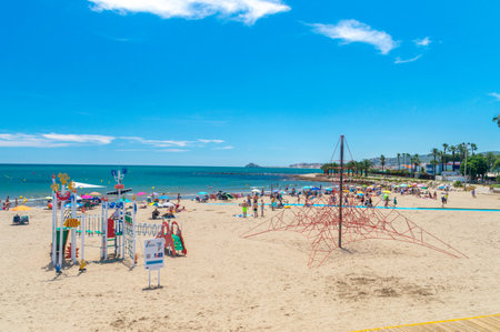 Benicarlo, Spain - July 1, 2023: Beautiful view on the beach at hot day.のeditorial素材