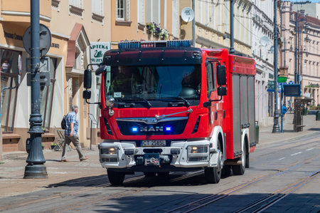 Bydgoszcz, Poland - July 9, 2023: Truck belong to Polish firemans on the street.