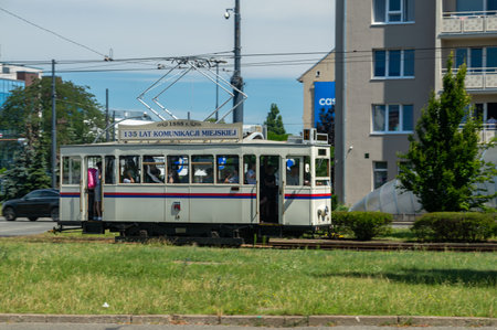 Bydgoszcz, Poland - July 9, 2023: Historical tram in Bydgoszcz.のeditorial素材