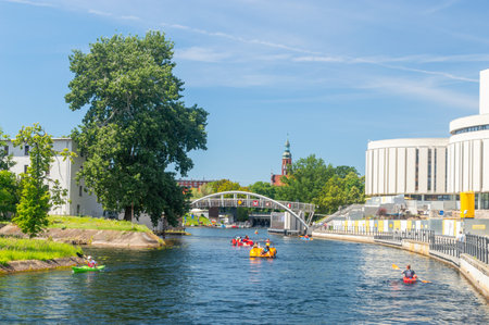 Bydgoszcz, Poland - July 9, 2023: Summer view on the Brda river in city center of Bydgoszcz.のeditorial素材