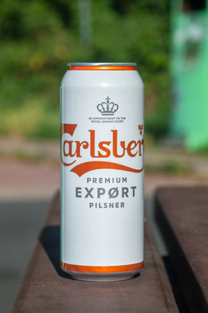 Hanover, Germany - July 30, 2023: Can of Carlsberg Premium export pilsner.のeditorial素材