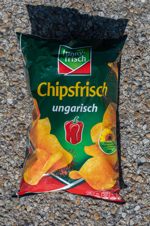 Marguerittes, France - August 1, 2023: Pack of funny frisch chips paprika flavor.のeditorial素材