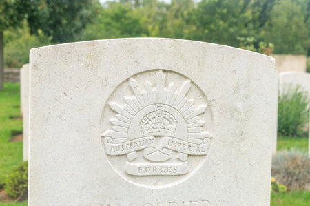 Assevillers, France - August 5, 2023: Emblem of Australian Imperial forces at Wfs Charles Gaulle war cemetery of World War I.のeditorial素材