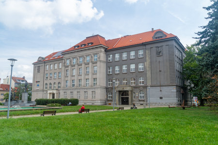 Pilsen, Czech Republic - August 26, 2023: Academy of Commerce, TG Masaryk square.のeditorial素材