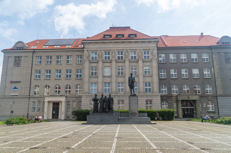 Pilsen, Czech Republic - August 26, 2023: TG Masaryk square with the Osvobozeni monument and the business academy building.のeditorial素材