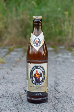 Genthin, Germany - September 9, 2023: Bottle of Franzishaner weissbier beer.のeditorial素材
