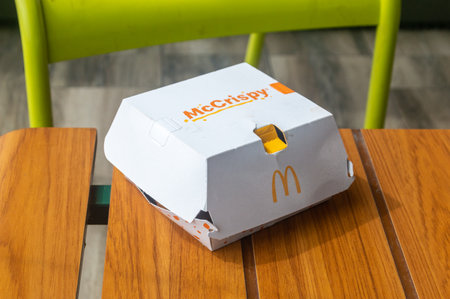 Aranda de Duero, Spain - September 16, 2023: McDonald's box of McCrispy BBQ with bacon.のeditorial素材
