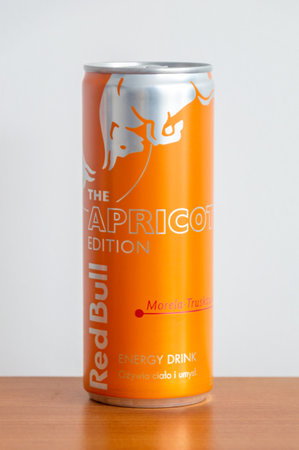Pruszcz Gdanski, Poland - September 27, 2023: Can of Red Bull Apricot Edition energy drink.のeditorial素材
