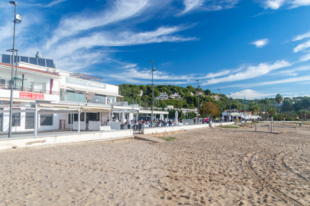 Tarragona, Spain - October 29, 2023: View on restaurants on beach in Tarragona.のeditorial素材