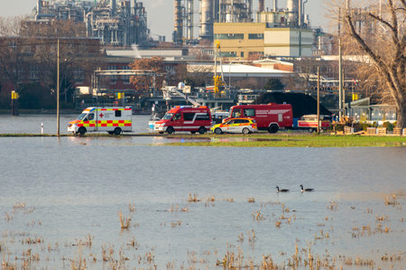 Mannheim, Germany - December 17, 2023: Rescue team during high water level on the Rhine River.のeditorial素材