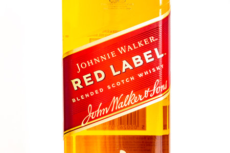 Pruszcz Gdanski - December 24, 2023: Close-up for label of Johnnie Walker Red Label scotch whiskey.のeditorial素材