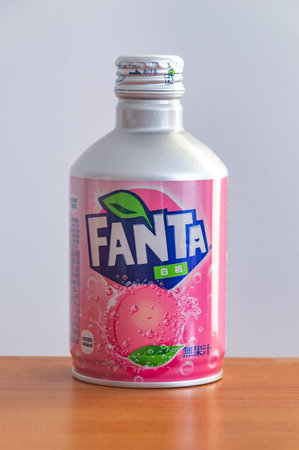 Pruszcz Gdanski - December 26, 2023:Fanta in aluminum bottle white peach drink.