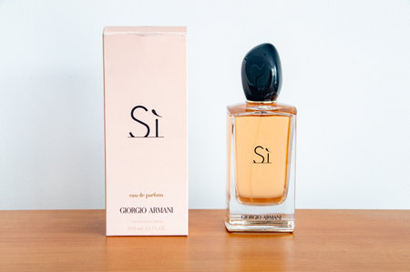 Pruszcz Gdanski - January 9, 2024: Box and glass bottle of Giorgio Armani Si Eau de perfume.のeditorial素材