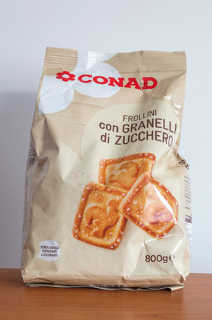 Pruszcz Gdanski - December 25, 2023: Pack of Conad cookies with sugar.のeditorial素材