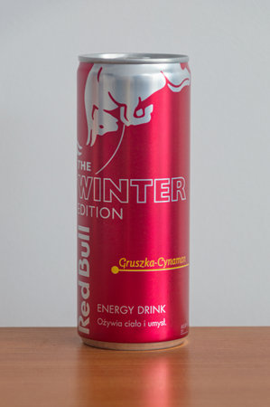 Pruszcz Gdanski, Poland - September 27, 2023: Can of Red Bull Winter Edition energy drink.のeditorial素材