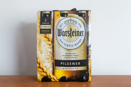 Pruszcz Gdanski, Poland - September 25, 2023: Pack of 6 bottles of German Warsteiner pilsner beer.のeditorial素材