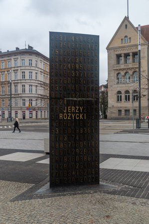 Poznan, Poland - January 28, 2024: Monument to Polish cryptologists whose breaking of Germany's Enigma machine ciphers. View on site of monument with Jerzy Rozycki name.のeditorial素材