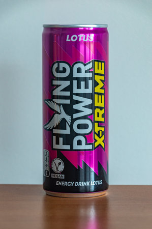 Pruszcz Gdanski, Poland - February 3, 2024: Can of Lotus Flying Power x-Treme energy drink.のeditorial素材