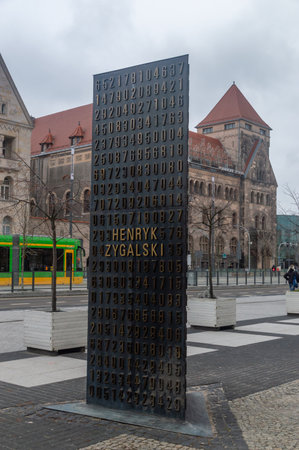 Poznan, Poland - January 28, 2024: Monument to Polish cryptologists whose breaking of Germany's Enigma machine ciphers. View on site of monument with Henryk Zygalski name.のeditorial素材