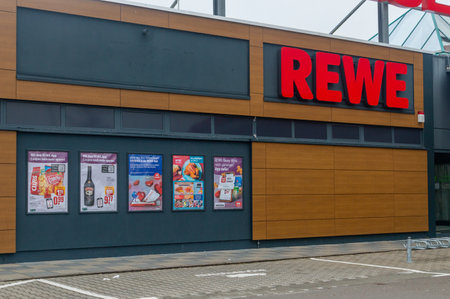 Merseburg, Germany - February 11, 2024: REWE supermarket in Germany.のeditorial素材
