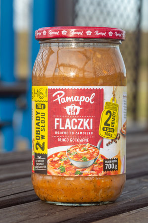 Rzedziwojowice, Poland - February 18, 2024: Pamapol beef tripe in ZamoÅÄ style, traditional Polish meat stew.のeditorial素材