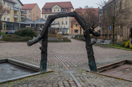Merseburg, Germany - February 11, 2024: Two Worlds Fountain in Merseburg.のeditorial素材