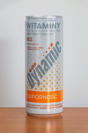 Pruszcz Gdanski, Poland - March 1, 2024: Can of Lotos Dynamic drink with vitamins.のeditorial素材