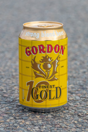 Antwerp, Belgium - February 24, 2024: Can of Gordon 10 finest gold strong blond Belgian beer.のeditorial素材