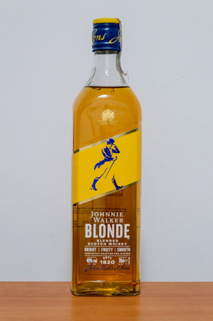 Pruszcz Gdanski, Poland - February 29, 2024: Bottle of Blended Scotch Whiskey Johnnie Walker Blonde.のeditorial素材