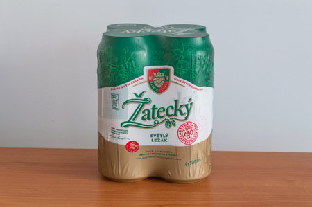 Pruszcz Gdanski, Poland - March 3, 2024: Zatecky Svetly Lezak Czech beer.のeditorial素材