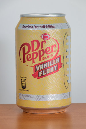 Pruszcz Gdanski, Poland - March 1, 2024: Dr Pepper Vanilla float. Can of American football edition.のeditorial素材