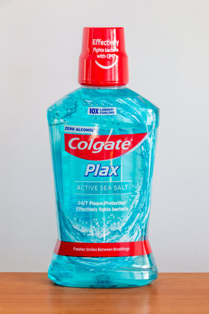 Pruszcz Gdanski, Poland - March 3, 2024: Colgate Plax mouthwash with active sea salt.のeditorial素材