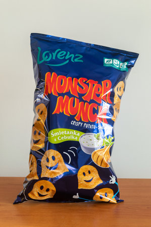 Pruszcz Gdanski, Poland - March 3, 2024: Lorenz Original Monster Munch crispy potato snack sour cream with onion taste.のeditorial素材