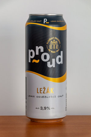 Pruszcz Gdanski, Poland - March 15, 2024: Can of Czech Proud lezak beer.のeditorial素材
