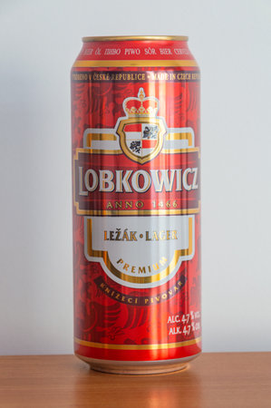 Pruszcz Gdanski, Poland - March 15, 2024: Can of Czech Lobkowicz lager premium beer.のeditorial素材