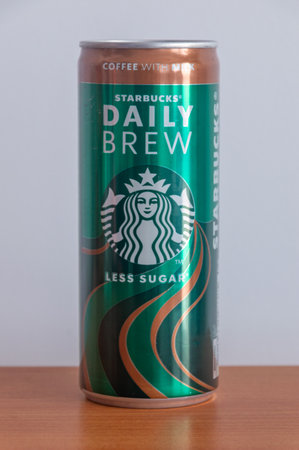Pruszcz Gdanski, Poland - March 15, 2024: Can of Starbucks coffee, daily brew less sugar.のeditorial素材