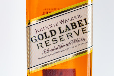 Pruszcz Gdanski, Poland - March 30, 2024: Close-up for label on bottle of scotch whiskey Johnnie Walker Gold Label reserve.のeditorial素材