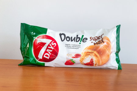 Pruszcz Gdanski, Poland - April 1, 2024: 7 Days Double Super Max croissant with vanilla and strawberry flavor filling.のeditorial素材