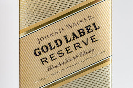 Pruszcz Gdanski, Poland - March 30, 2024: Close-up for label of scotch whiskey Johnnie Walker Gold Label reserve.のeditorial素材