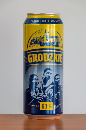 Pruszcz Gdanski, Poland - March 31, 2024: Can of Polish Grodzkie beer.のeditorial素材