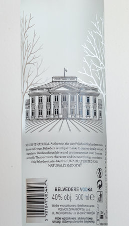 Pruszcz Gdanski, Poland - March 29, 2024: Detail of glass bottle of Belvedere vodka. Belvedere is Polish rye vodka produced and distributed by LVMH.のeditorial素材