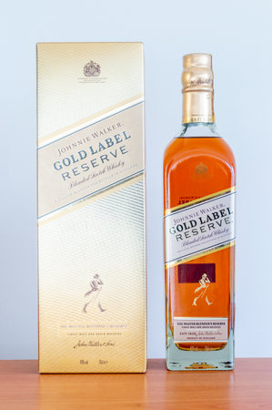 Pruszcz Gdanski, Poland - April 1, 2024: Box and bottle of Scotch whiskey Johnnie Walker Gold Label reserve.のeditorial素材