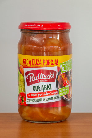 Pruszcz Gdanski, Poland - April 1, 2024: Pudliszki Stuffed cabbage in tomato sauce.のeditorial素材
