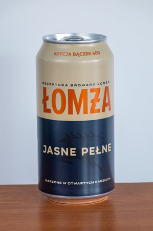 Pruszcz Gdanski, Poland - April 1, 2024: Can of Lomza baczek 400 beer.のeditorial素材