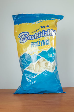 Pruszcz Gdanski, Poland - April 1, 2024: Beskidzkie potato crisps salted chips knows in Poland as prazynki.のeditorial素材